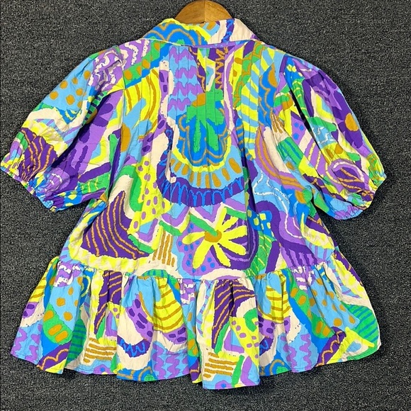 Meet Me In Santorini Colorful Patterned Oversized Puff Sleeves Blouse, Large - Picture 7 of 7